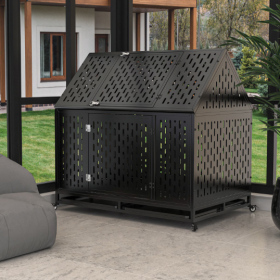 Heavy Duty Dog Crate 45 Inch Indestructible Pet Dog Cage Crate Kennel With Roof Top 2 Doors Removable Trays