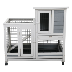 Wooden Rabbit House, Outdoor Pet Rabbit House, Wooden Cage With Ventilated Grid Fence, Openable Door, Cleaning Tray, Grey